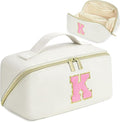 for Valentines Day Gifts, Makeup Bag for Women, PU Leather Travel Toiletry Bags, Initial Make Up Cosmetic Pouch for Teen Girls, Wide Open Portable Skincare Bag, Personalized Birthday Gifts, White K