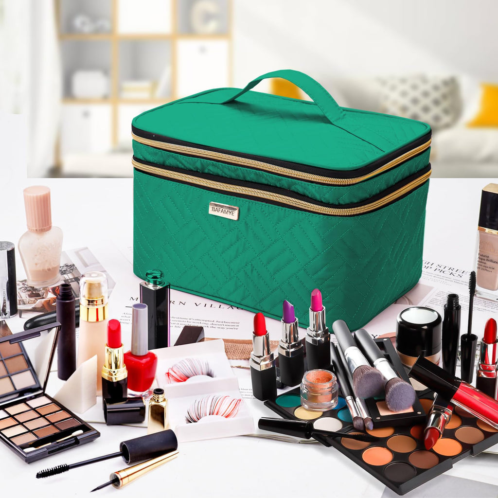 BAFAMYE 8.8L Double Layer Travel Makeup Bag With Mirror For Women, Large Cosmetic Case, Organizer for Travel-Size Accessories Bottles, Brushes,and Skin Care Products, 2.33 GAL, Green…