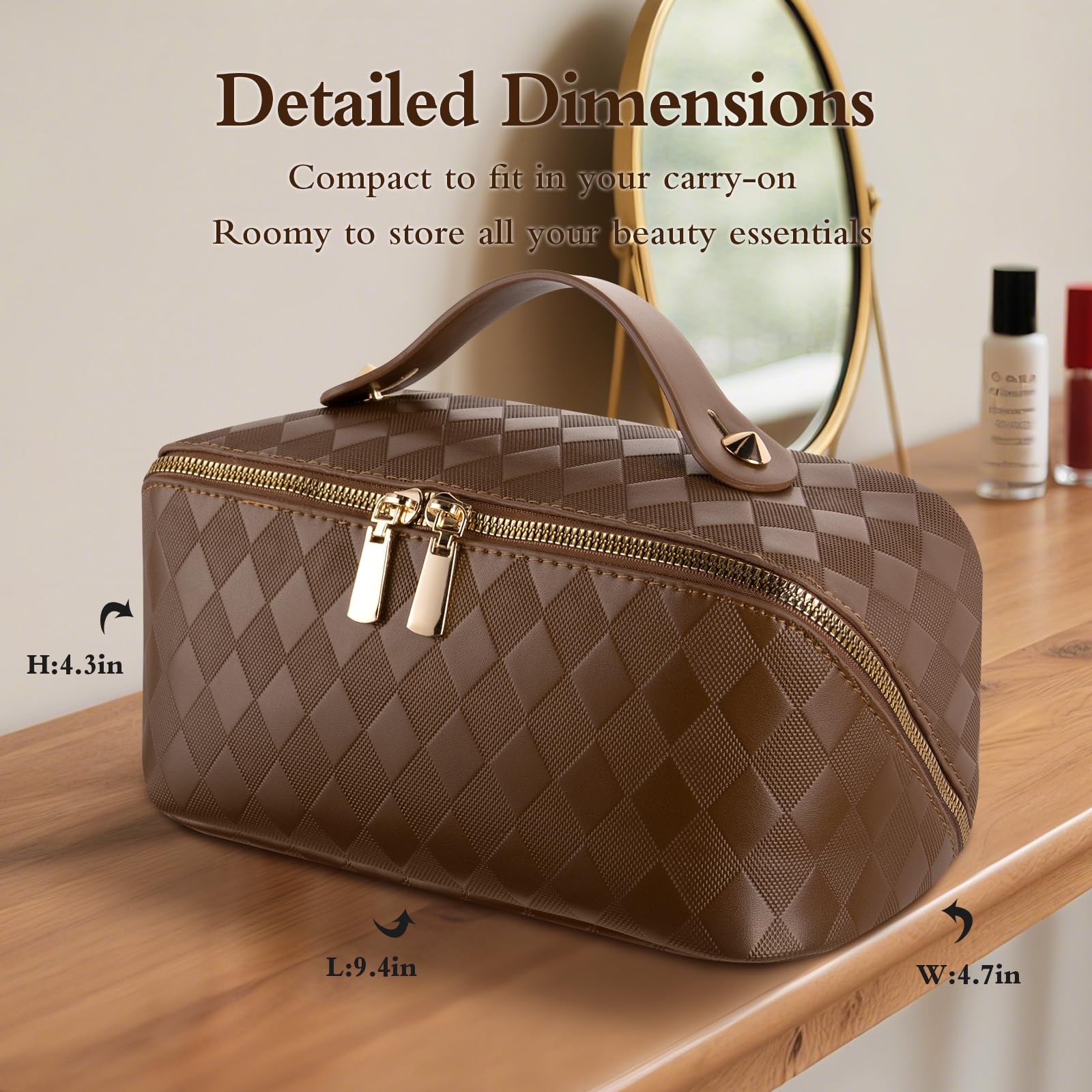 Abiudeng Travel Makeup Bag Large Capacity for Travel Essentials Open Flat Makeup bag Organizer with Divider and Handle-Rhombus Brown
