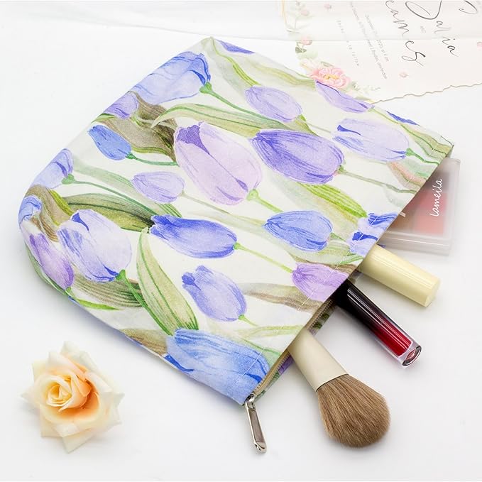 Flat Makeup Bag for Women,Zipper Cosmetic Pouch for Purse,Tulip Purple