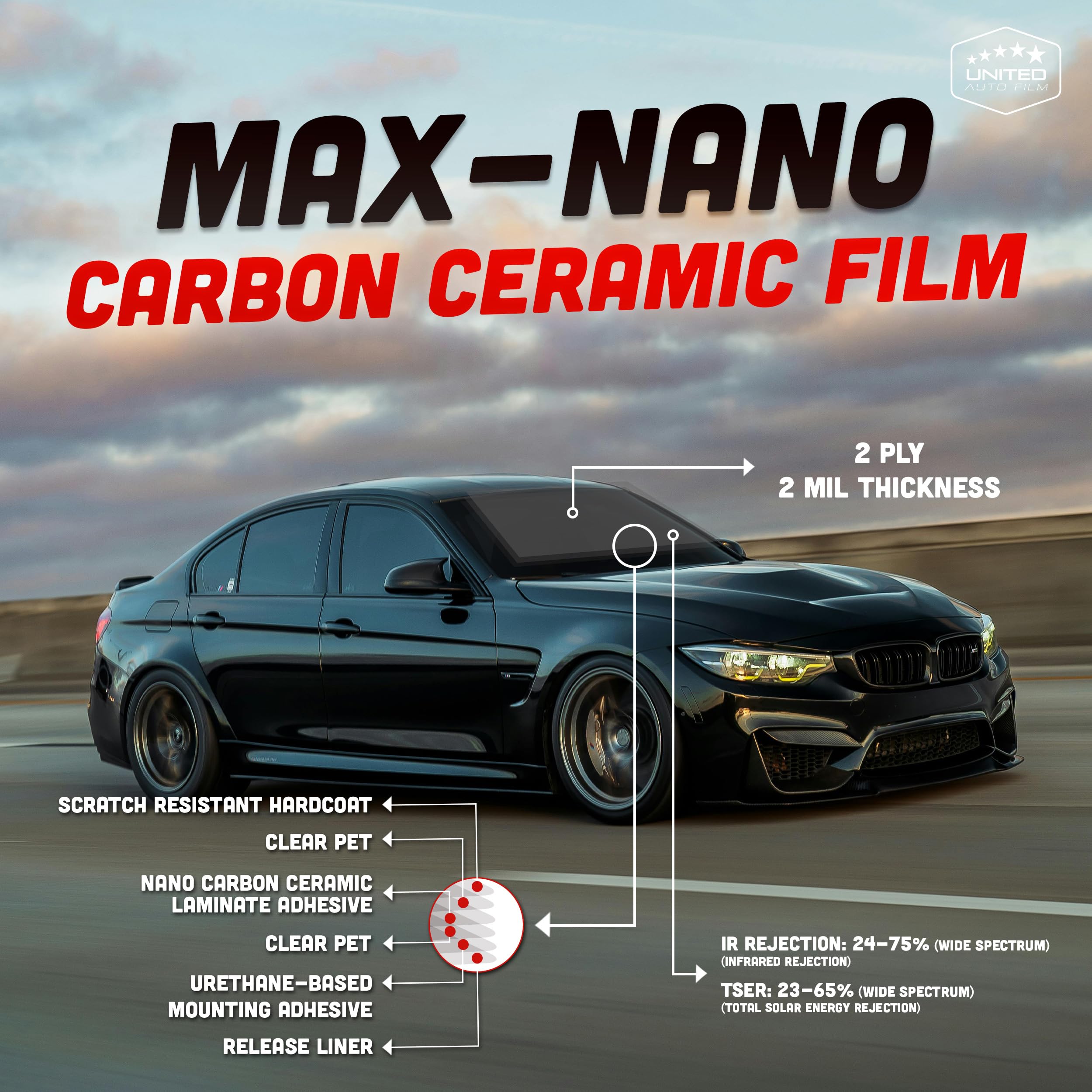 United Max Nano Carbon Car Window Tint Film – 2PLY 5% VLT Series Automotive Tint with UV Protection & Infrared Rejection, Heat & Glare Blocking, Color Stable Adhesive Film Roll, 40 Inch x 25 Feet