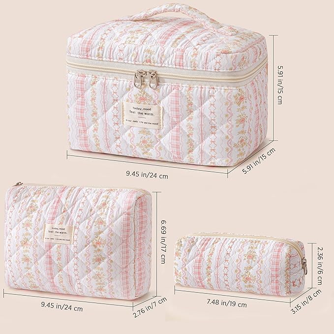 HBselect Quilted Makeup Bag, 3Pcs Cotton Large Travel Makeup Bags Organizer