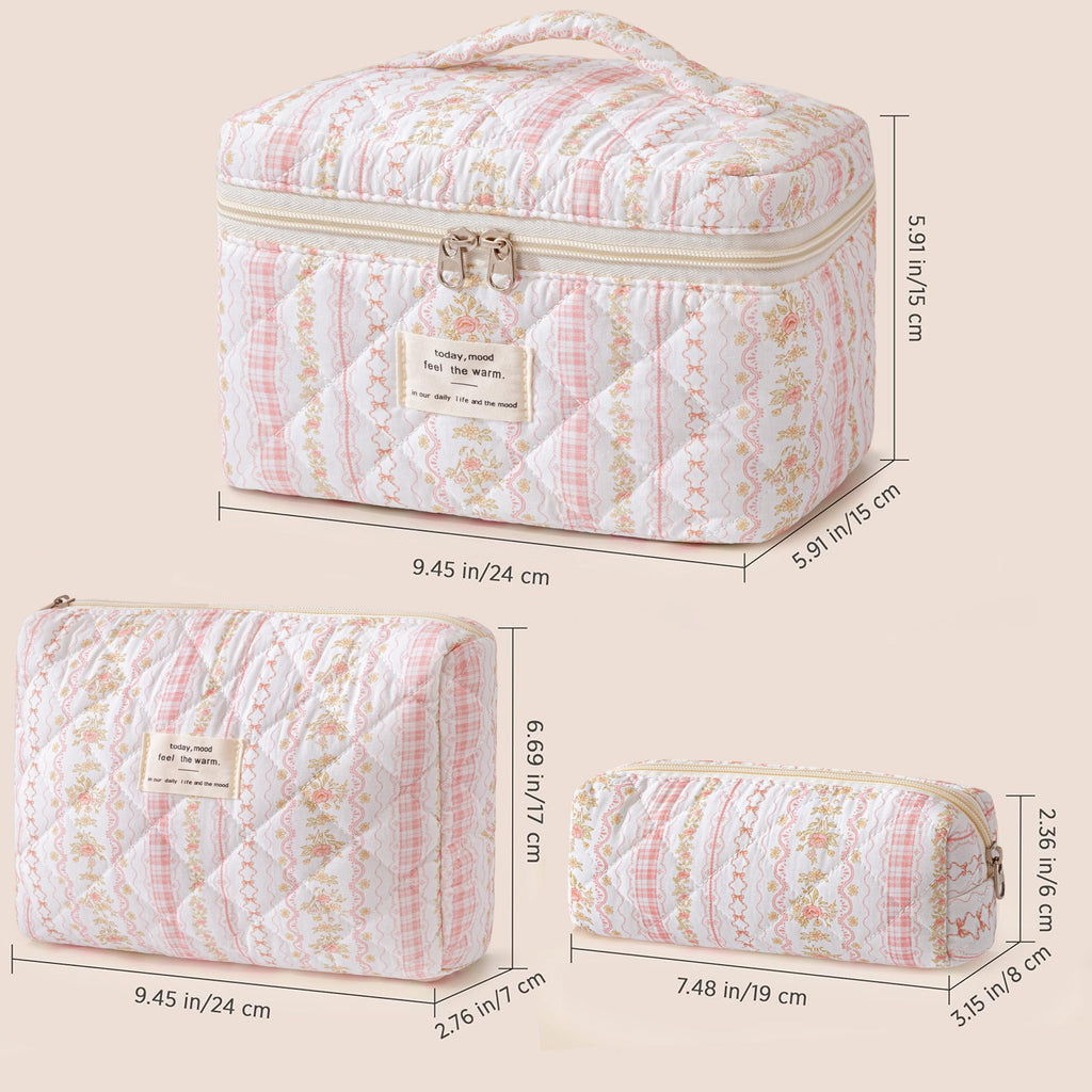 HBselect Quilted Makeup Bag, 3Pcs Cotton Large Travel Makeup Bags Organizer