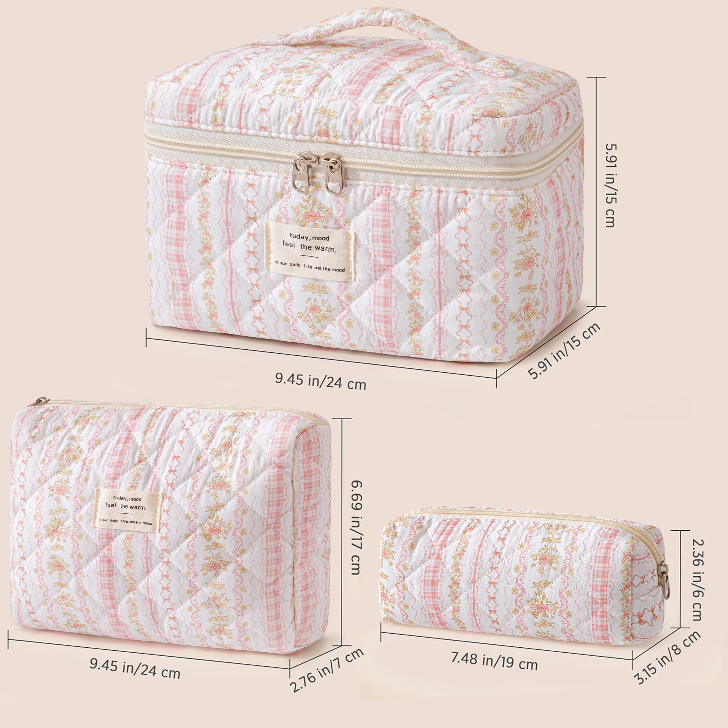 HBselect Quilted Makeup Bag, 3Pcs Cotton Large Travel Makeup Bags Organizer