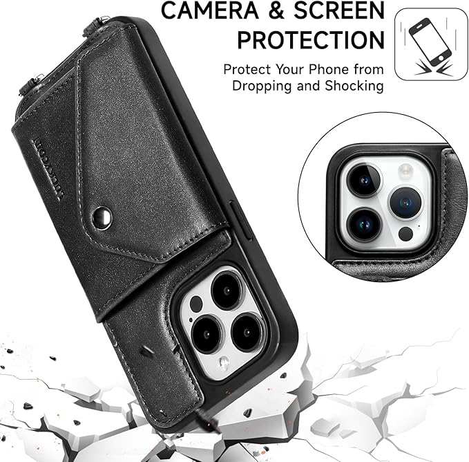LUCKYCOIN Crossbody Phone Case for iPhone 15 Pro Max, 100% Genuine Leather Phone Wallet Case for Women, Premium Hands-Free Phone Purse with Expandable Flip Card Holder & Adjustable Strap - Retro Black