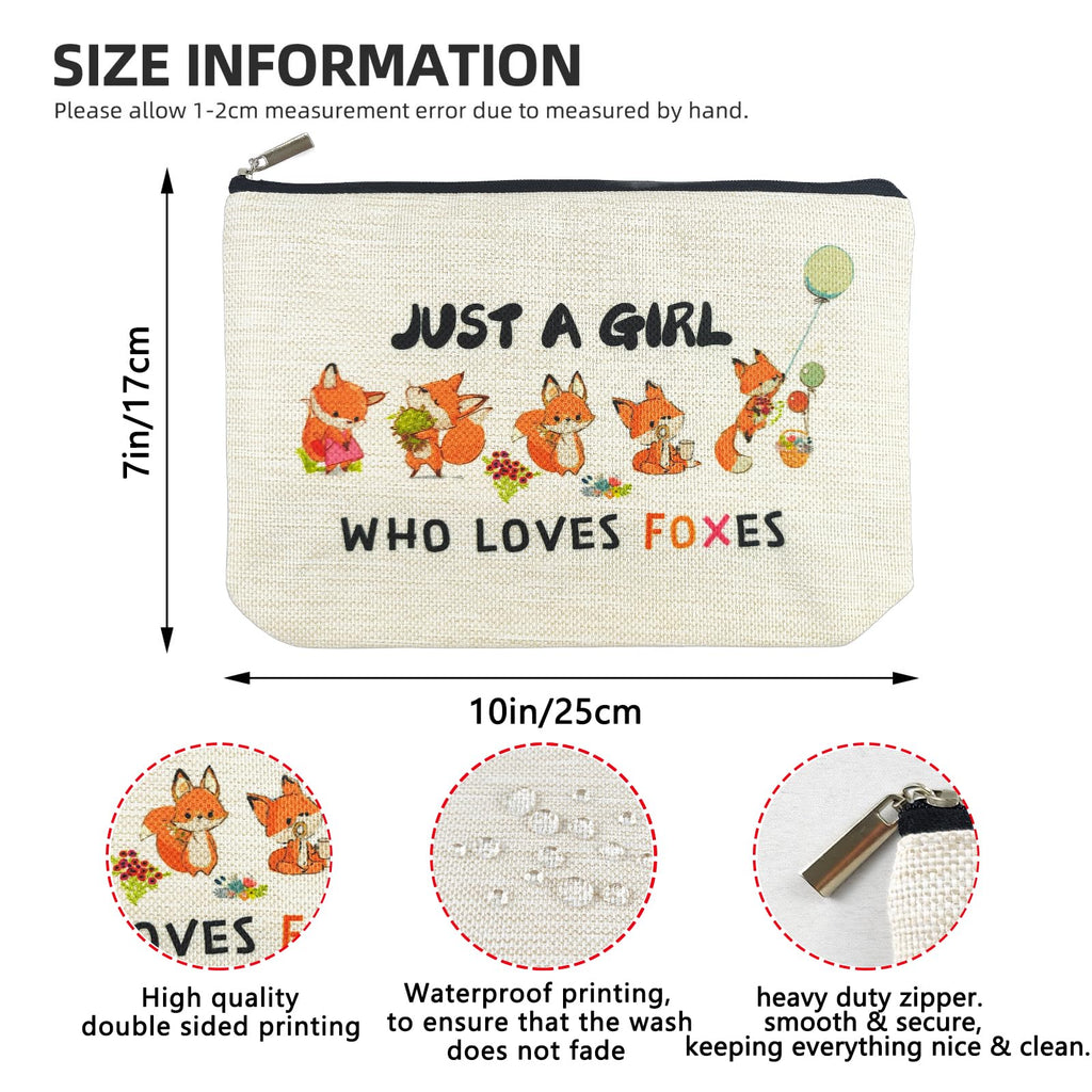 Fox Makeup Bags for Women, Cute Fox Themed Gifts for Girls, Just A Girl Who Loves Foxes Cosmetic Pouch for Mom Teens Daughter Sister Bestie, Funny Animal Lovers Stuff Birthday Christmas Decorations