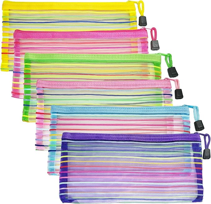 CarryEpic Mesh Bags with Zipper (6 Pack), Small Nylon Makeup Bag Cosmetic Pouches Travel Organizer for Purse Diaper Bag Home Organizing Striped Mix 6 Colors
