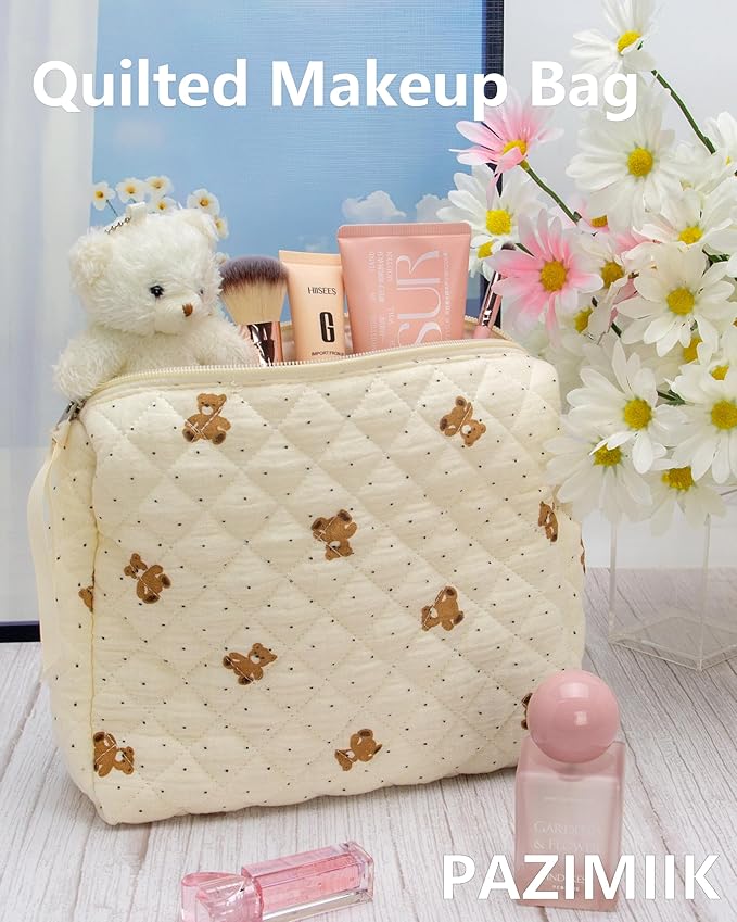 Quilted Makeup Pouch for Women, Travel Cosmetic&Toiletry Bag,Gauze Bear