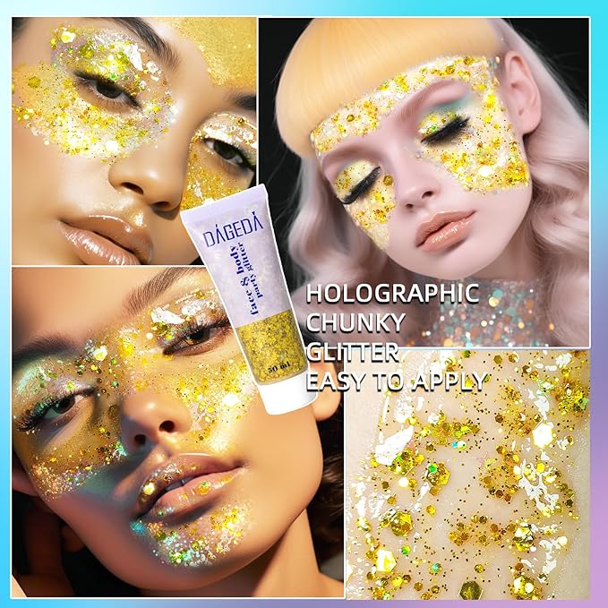 DAGEDA Gold Body Glitter Gel, Sparkly Hair Face Glitter Makeup Accessories