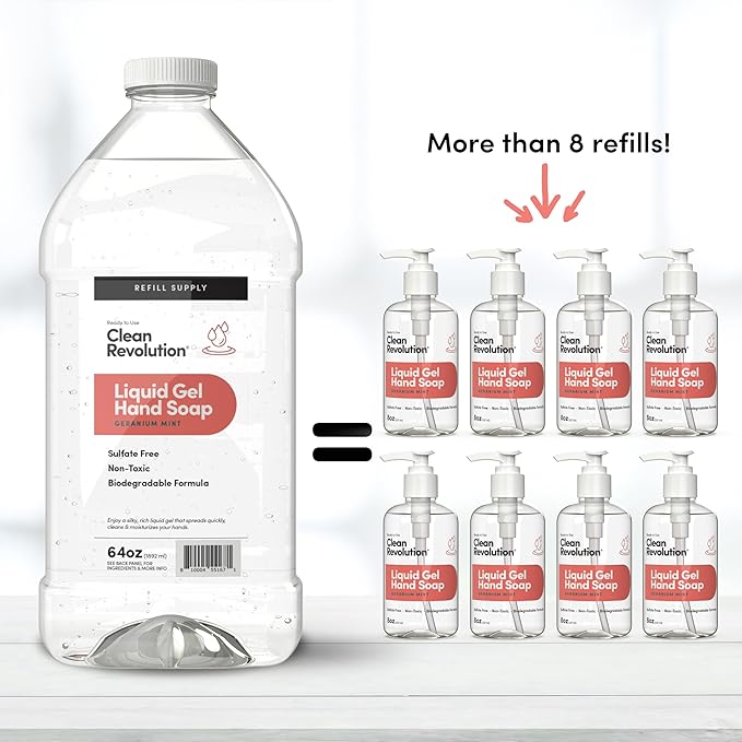 Clean Revolution Liquid Gel Hand Soap Refill with Real Essential Oils – Sulfate-Free Gel Hand Wash, Moisturizing Bulk Refill, Non-Toxic Formula, Made in the USA (Geranium Mint) 64 Fl Oz