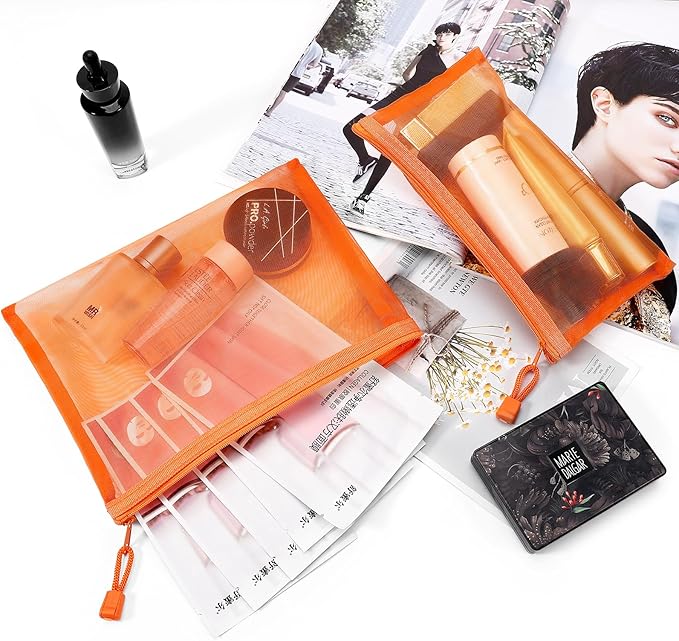 Sinzip 12 Pieces Zipper Nylon Mesh Pouch, Mesh Cosmetic Bags Makeup Bags Pencil Case, Multipurpose Travel Bags for Cosmetic School Office Supplies and Travel Accessories (Orange, A5)