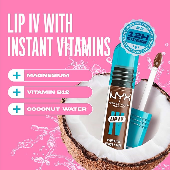 NYX PROFESSIONAL MAKEUP Lip IV Hydrating Glossy Lip Stain, Long-Lasting, Tinted, Vegan Formula with 12 HR Hydration - Splash N Spice (Brown)