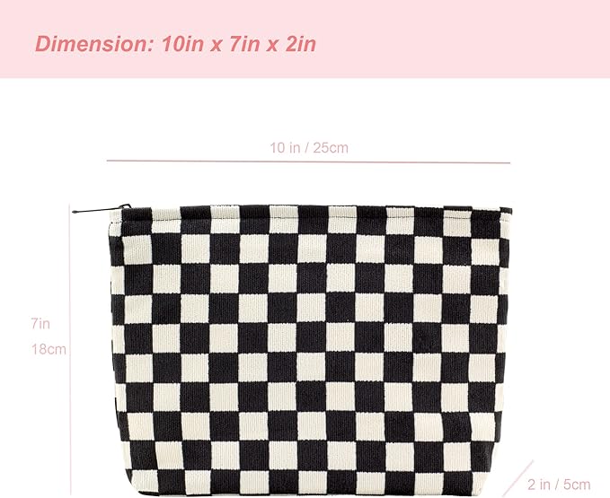 Flat Makeup Bag for Women,Zipper Cosmetic Pouch for Purse,Checkered Black