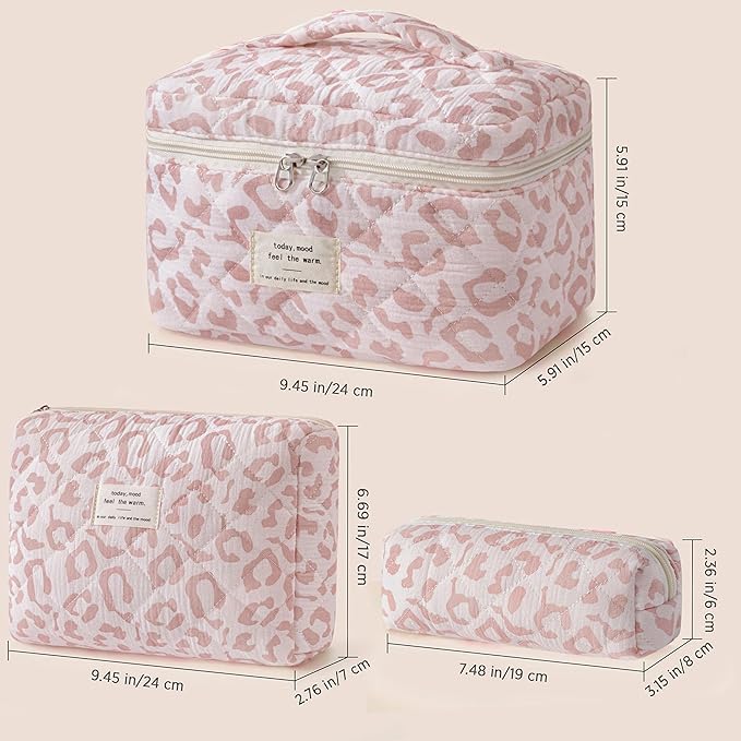 HBselect Quilted Makeup Bag, 3Pcs Cotton Large Travel Makeup Bags Organizer