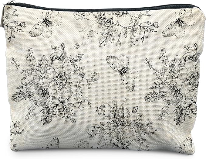 RYYCDOI Vintage Boho Floral Butterfly Makeup Bag, Chinoiserie Black and White Cosmetic Bags for Women, Cottagecore Botanical Butterfly Zipper Makeup Pouch