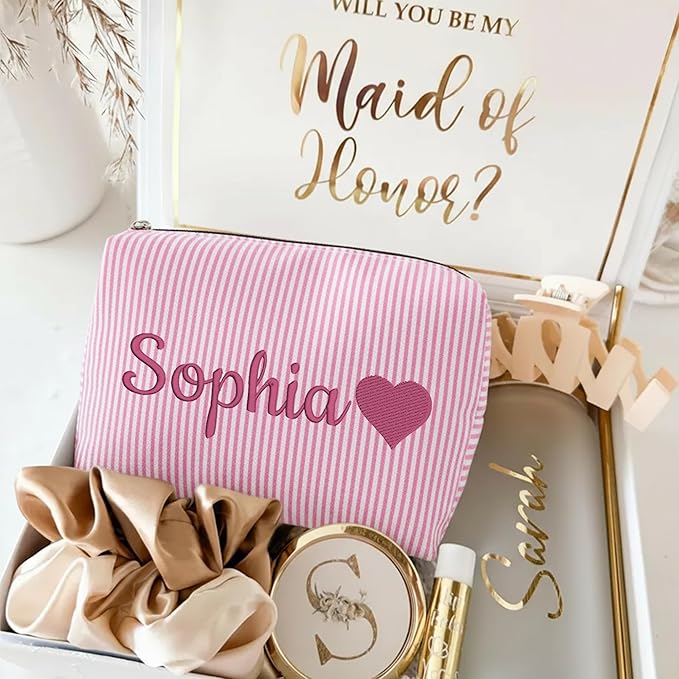 Ajiangwu Personalized Makeup Bag with Embroidered Name&Birth Flower for Bridesmaid Gifts,Custom Small Travel Cosmetic Bag Toiletry Bag Wedding Gifts for Bride