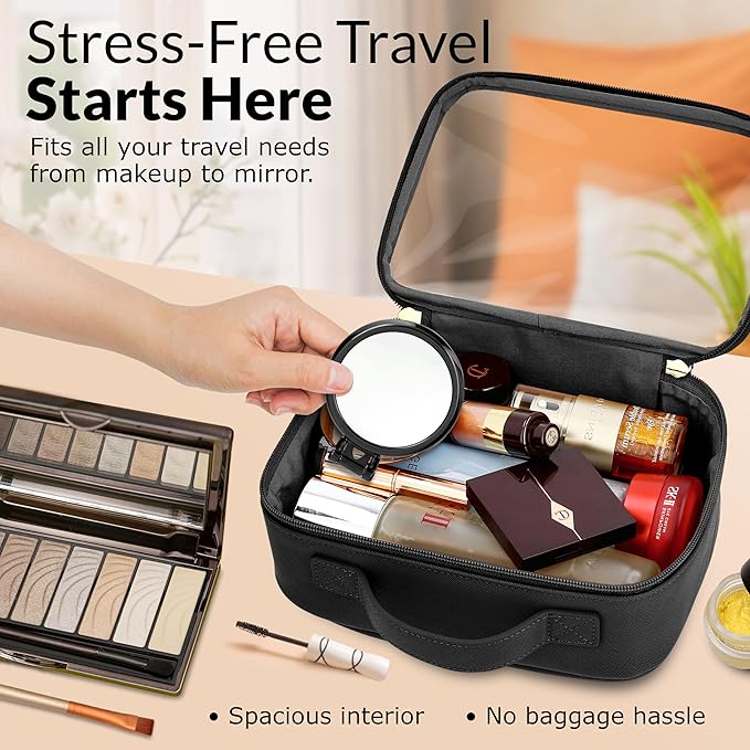 Clear Makeup Bag Set, Travel Cosmetic Bags with Transparent TPU Front, 3PCS (Large & Small Pouches + Compact Mirror), Saffiano PU Leather Toiletry Organizer for Women, Black
