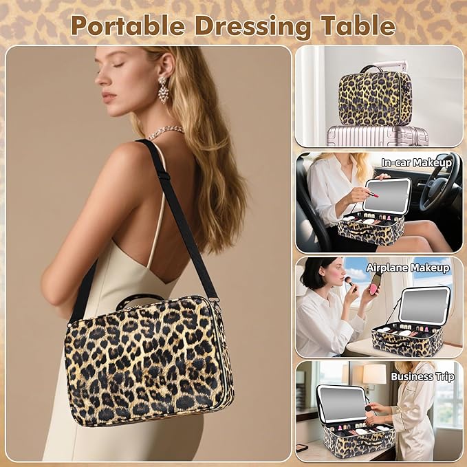 15''X11'' Large Makeup Bag with Removable Lighted Mirror, PU Leather