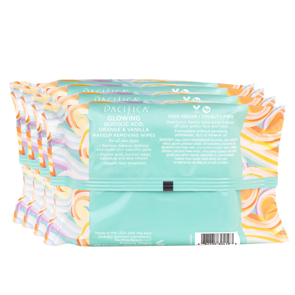 Pacifica Vegan Face Cleansing Wipes, Makeup Remover Wipes w/Glycolic Acid, Aloe Vera & Coconut Water Exfoliating & Hydrating Facial Towelettes for All Skin Types (120 Count) Clean Beauty Cruelty-Free