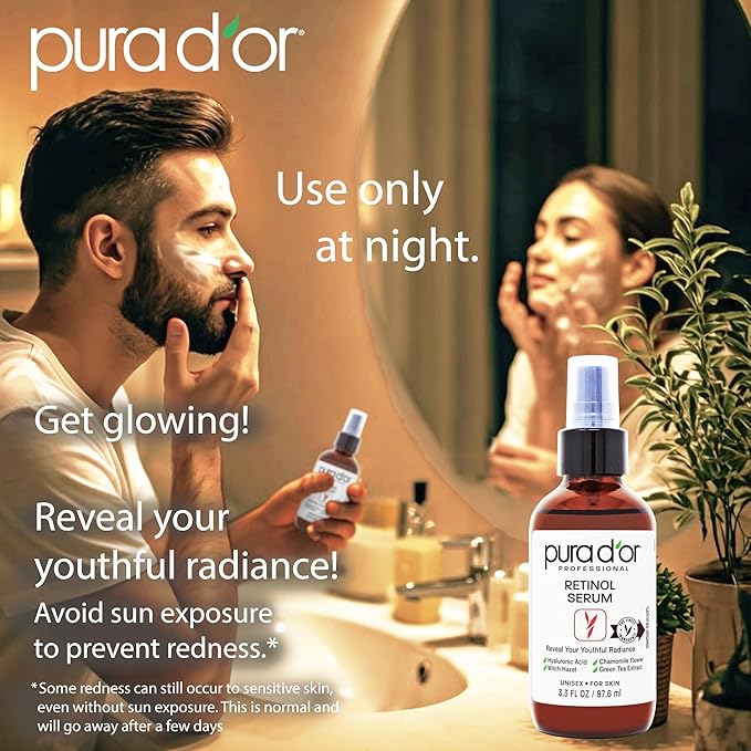 PURA D'OR Retinol Serum Facial Skincare – 3.3 oz Overnight Treatment w/Aloe, Botanical Extracts, Lightweight Fast-Absorbing Hydration for Smoother-Looking Texture, Tone, Radiance, Ayurvedic Skin Care