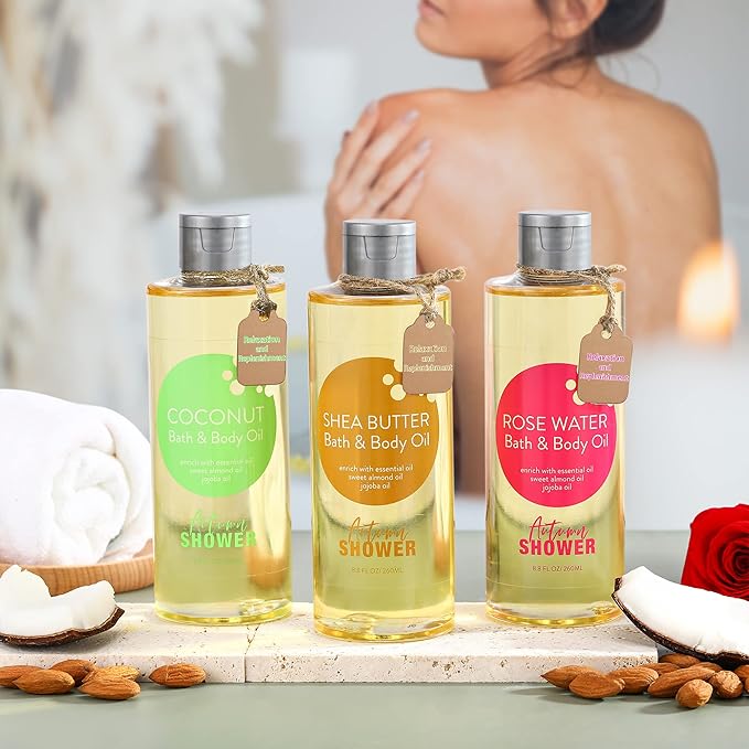 Autumn Shower Bath and Body Oil with Sweet Almond Jojoba, Shea Butter, Rose Water, Coconut Bath Oils Mother's Day Gift for Women, Multiuse Oil for Hair Dry Skin 26.4 fl oz (Pack of 3)