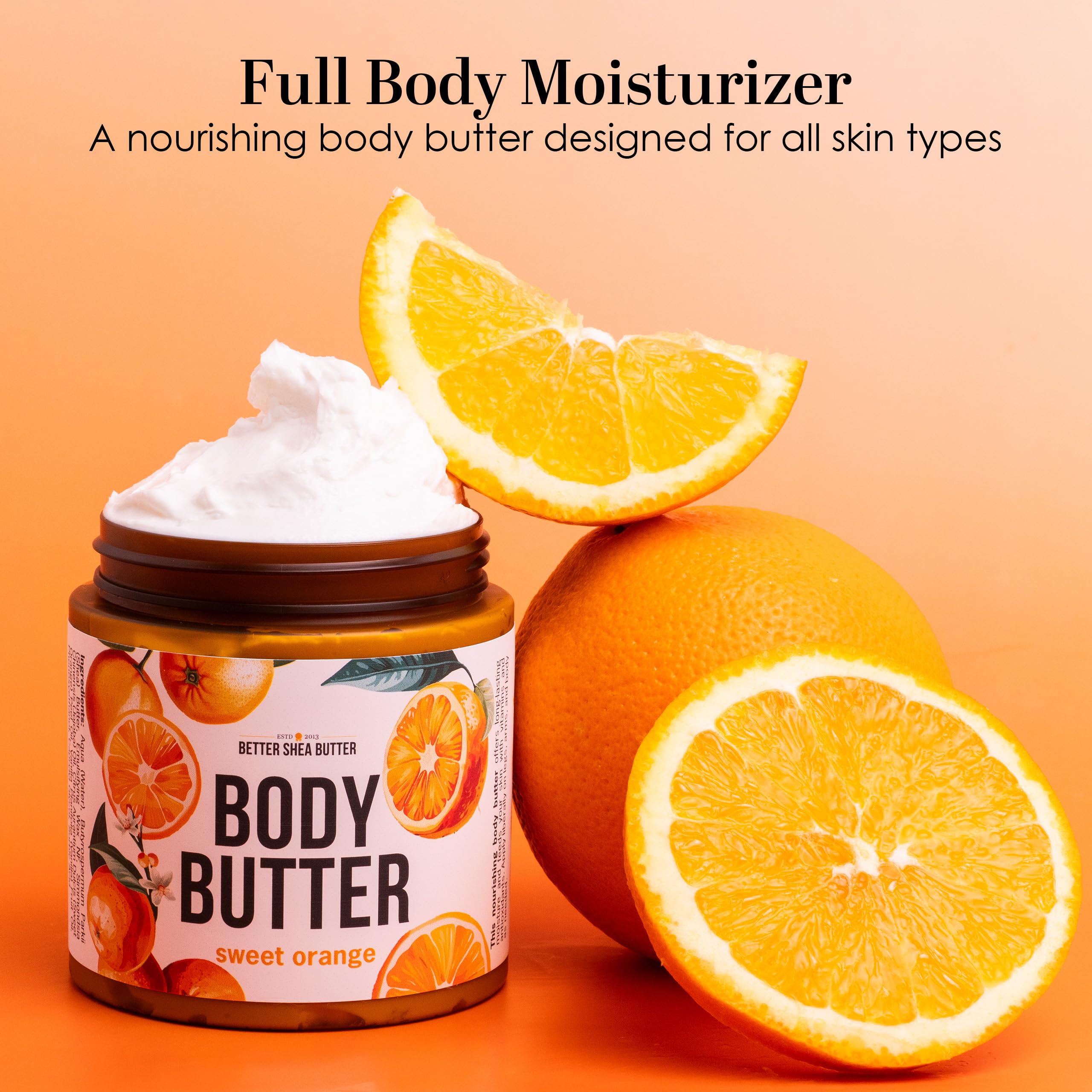 Sweet Orange Body Butter - Raw Shea Butter with Jojoba Oil, Orange Vanilla Body Lotion Scented with Essential Oils, No Synthetic Fragrances, Full Body Moisturizer for Dry Skin