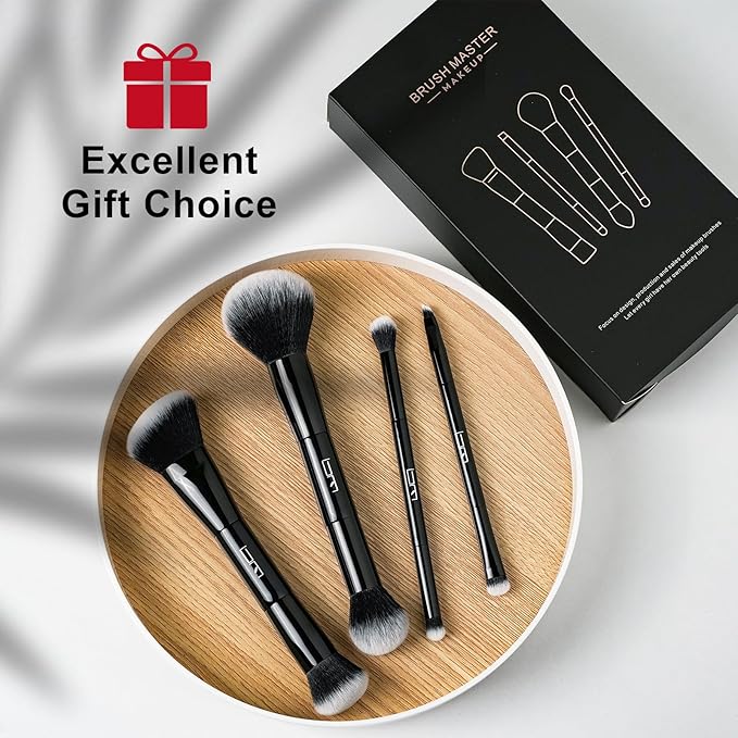 Brush Master 4Pcs Duo End Makeup Brushes, Foundation, Powder, Contour, Concealer, eye makeup Brush, Double-ended Multi-functional Synthetic Cosmetic Tools Makeup Brushes(Black)