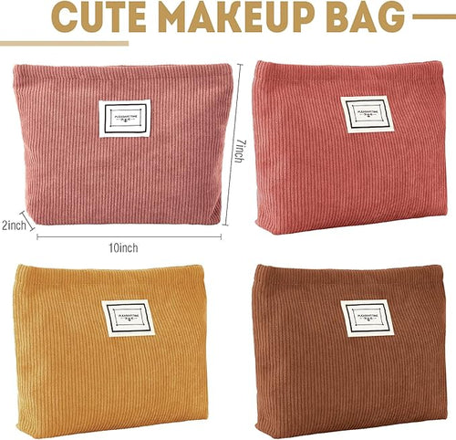 4 Pack Velvet Corduroy Makeup Bag Zipper Pouch,Yellow Brown Series,Plaid