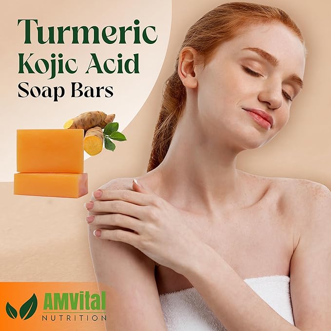 AMVital Turmeric Kojic Acid Soap Bars with Vitamin C, Retinol & Hyaluronic Acid – Face & Body Soap with Collagen & Shea Butter – 2-Pack Cleansing Bars for All Skin Types