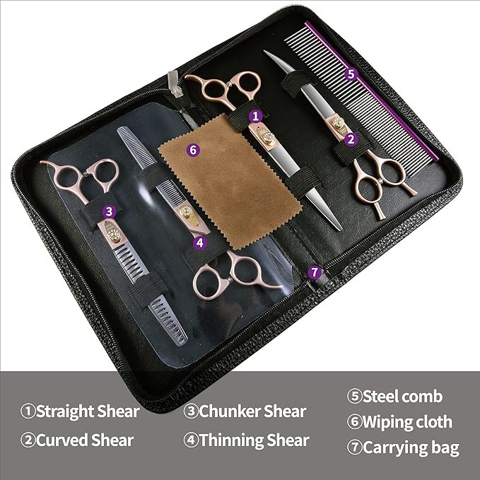 Fenice Peak 7'' Professional Dog Grooming Scissors Set Rose Gold 440C Stainless Steel Straight Thinning Curved Chunker Shears 4pcs Set for Pet Grooming Services Dogs and Cats