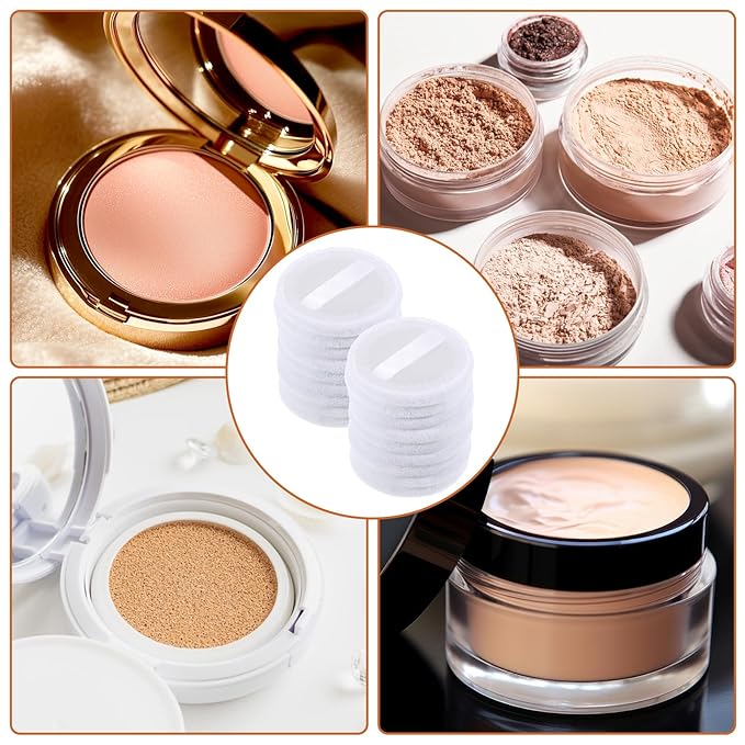 40 Pcs Washable Soft Makeup Powder Pads Cotton Bulk, White Round Cosmetic Face Powders Makeup Puffs with Ribbon, for Loose Setting Blending Foundation Cream Pressed Body Powders