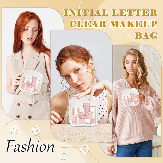 Personalized Initial Letter Clear Preppy Makeup Bag,Mini Nylon Chenille Letter Cosmetic Bag Cute Zipper Pouch Purse for Teen Girls,Portable TSA Approved Beach Travel Essentials Bag Gift for Women,J