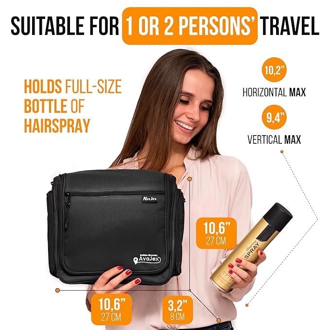AvaJex Travel Toiletry Bag for Men - Large Dopp Kit (10.6"x10.6"x3.2") - Hanging Waterproof Mens Hygiene Organizer Bag with XXL Metal Swivel Hook, Sturdy Zippers and 19 Compartments for Toiletries