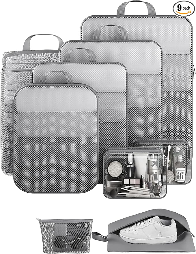 Veken 9/11 Set Compression Packing Cubes Garment Bags for Travel Essentials,Compressible Expandable Luggage Organizer Bags for Clothing,Space Saver Bags with Over 1000 pcs of Mesh Holes(Gray)