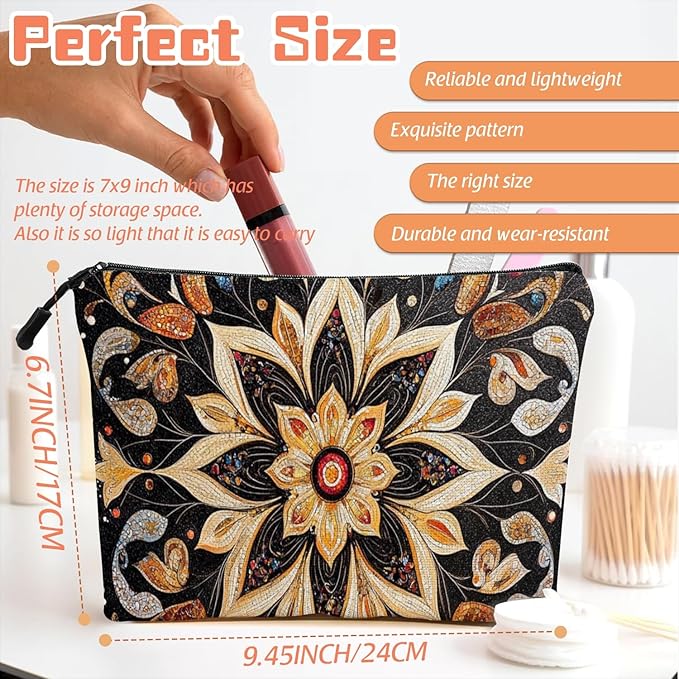 Scribesense Cosmetic Bags Travel Makeup Toilet Case Waterproof Pouch for Women Girls 6.7X9.45inches - Symmetrical Gold Flower Pattern