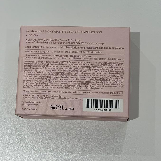 milktouch Cushion Foundation, 24H Flawless Skin, Radiant Shine, No Oxidation, Long-Lasting, Non-Creasing, 60% Hydrating Skincare Infused Korean (27N Chai)