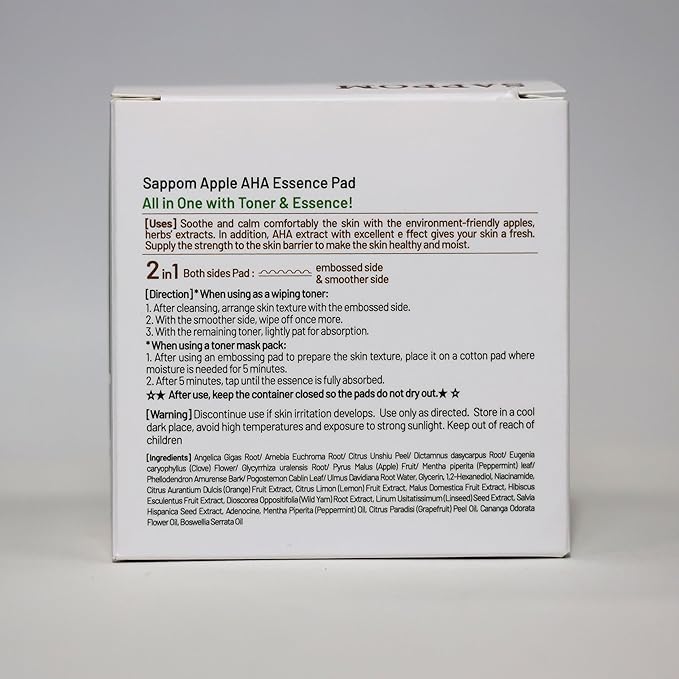 SAPPOM Apple AHA Essence Pad, Green Apple, with AHA, Toner pad, Soothing and Peeling, 60 vegan sheets-for sensitive skin, Hydrating care