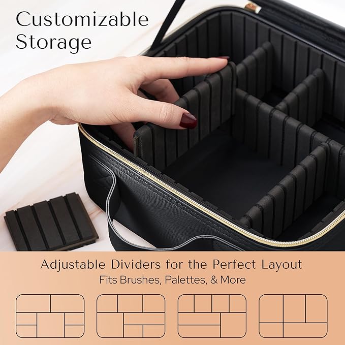 Aura In Bloom Makeup Bag with LED Mirror – Travel Cosmetic Organizer with Lighted Mirror, Adjustable Dividers & Brush Holder Storage – Portable PU Leather Makeup Case for Women & Girls - Black