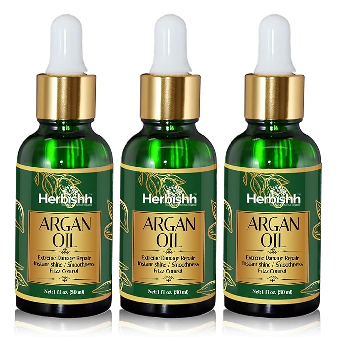 Herbishh Argan Moroccan Oil for Hair (30 ml Each) Serum & Hair Growth Oil Set, Frizz Control Anti Frizz Treatment, Split End Repair, Heat Protectant Leave In Serum Pack of 3, Lightweight Non-Greasy