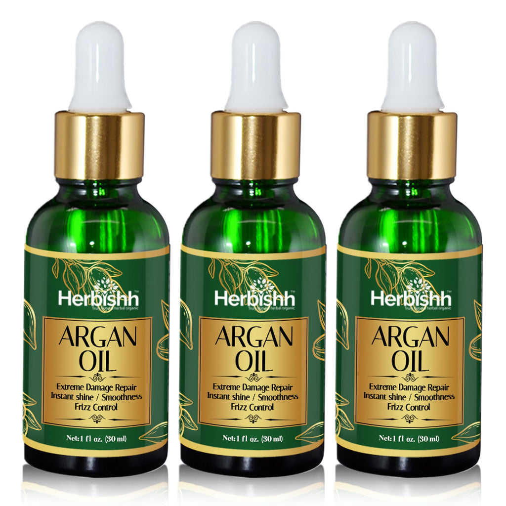 Herbishh Argan Moroccan Oil for Hair (30 ml Each) Serum & Hair Growth Oil Set, Frizz Control Anti Frizz Treatment, Split End Repair, Heat Protectant Leave In Serum Pack of 3, Lightweight Non-Greasy