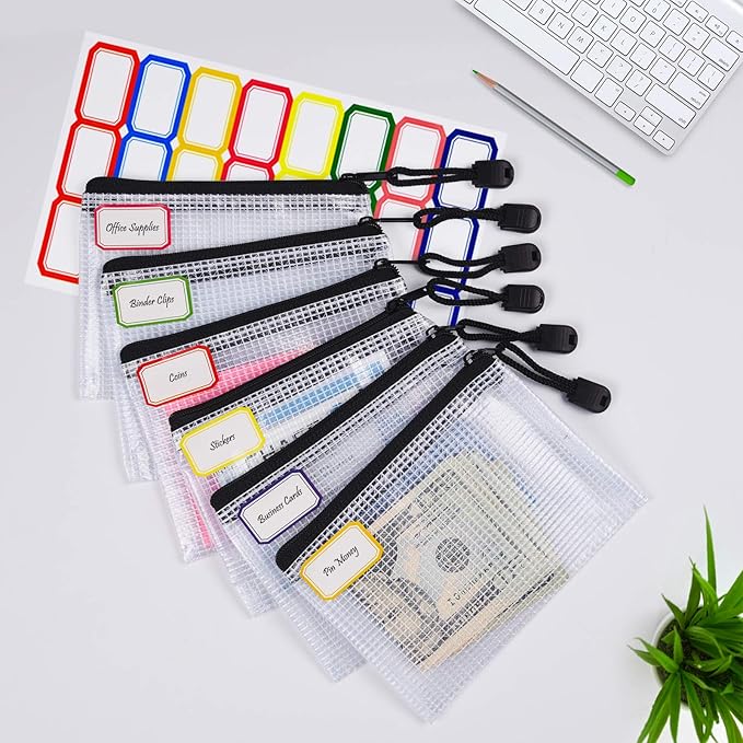 12 Pcs Plastic Mesh Zip File Bags, Waterproof Tear-Resistant Document File Folders, B8 Size Zipper Documents Pouch Document Organizer Bags for School Office Home Travel Storage(5×4.1 Inch)
