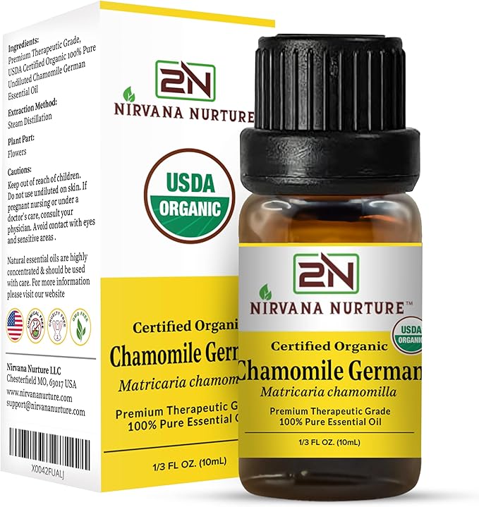 Nirvana Nurture Chamomile German Essential Oil USDA Certified Organic, 100% Pure Natural Premium Grade, Undiluted- Aromatherapy Diffuser for Calm and Relaxation, Skin Care, Hair Care