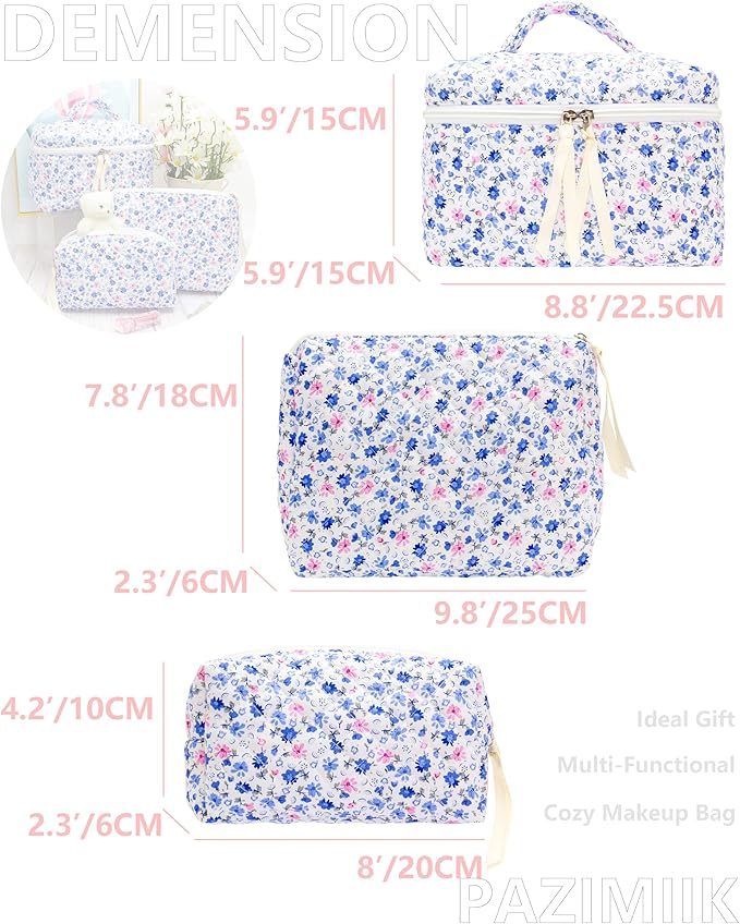 3 Piece Quilted Makeup Bag Set for Women,Cosmetic&Toiletry Bag,Floral Blue
