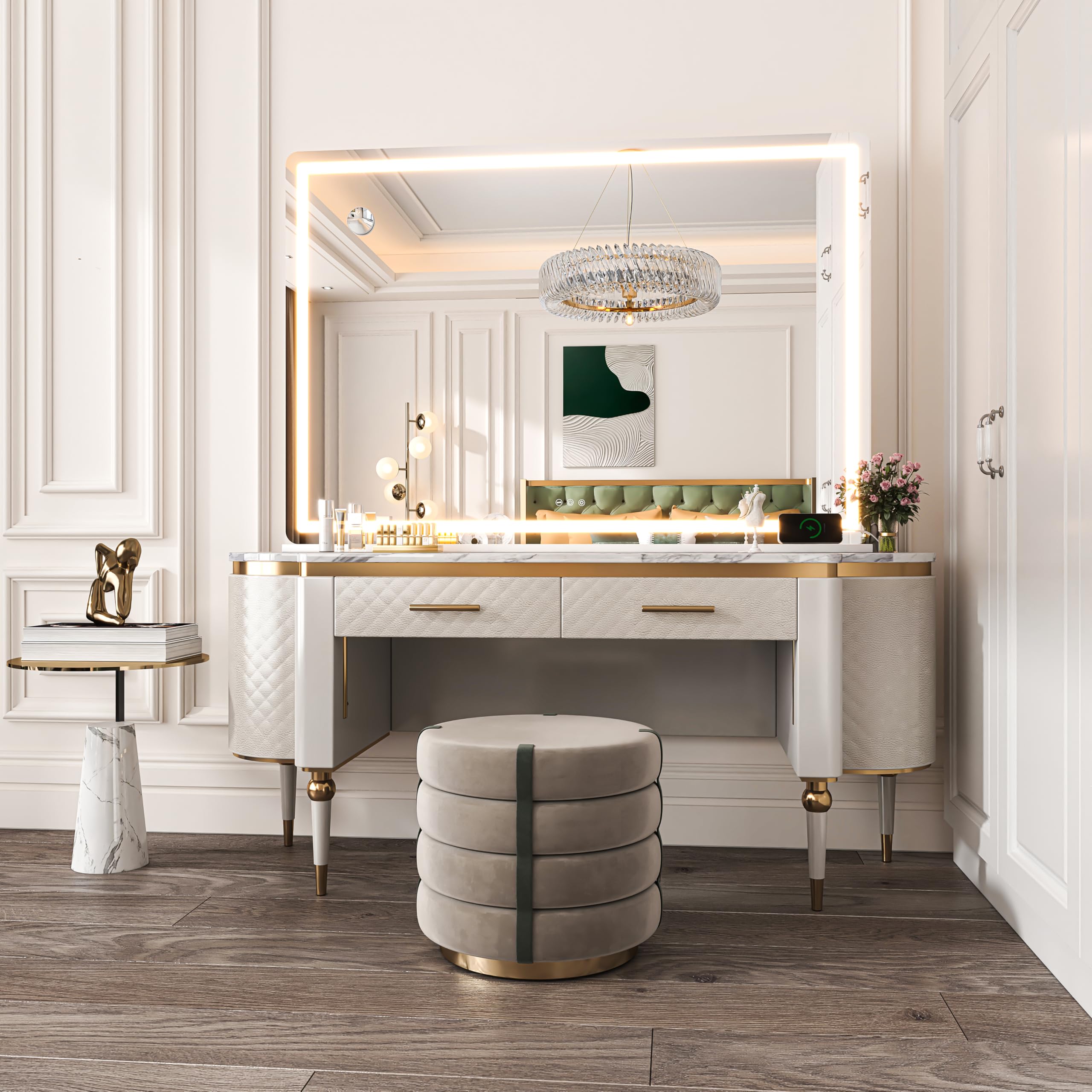 Hasipu Vanity Mirror with Lights, 41.3" x 30" LED Makeup Mirror, Lighted Makeup Mirror with Dimmable 3 Modes, Touch Screen Control Vanity Mirror Round White