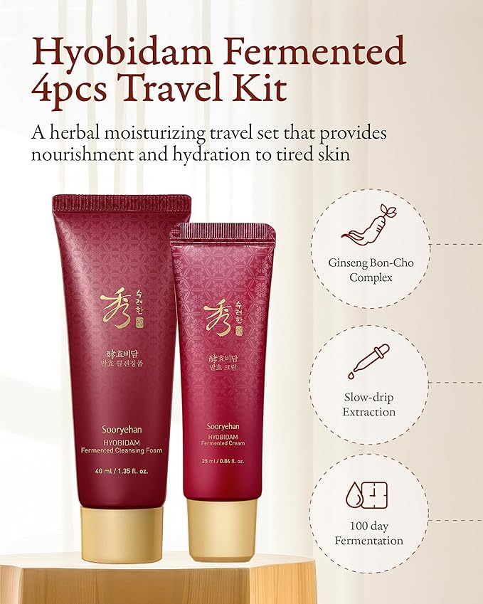 Sooryehan Hyobidam Fermented Skincare Trial Kit (Pack of 4) - Korean Skincare Miniature Set: Toner, Emulsion, Cream & Cleansing Foam - Hydration & Elasticity, Travel Size Gift Set