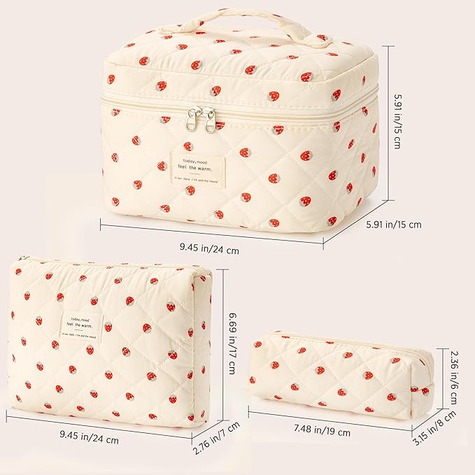 HBselect Quilted Makeup Bag, 3Pcs Cotton Large Travel Makeup Bags Organizer