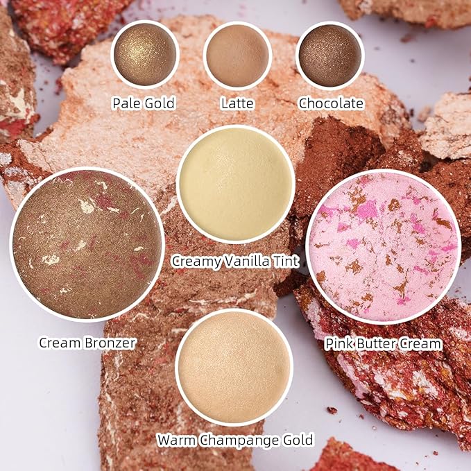 Baked Face and Eye Makeup Palette with Bronzer, Blush, 2 Highlighters & 3 Eyeshadows, Smooth Blendable Powder, Neutral Shades, Travel Compact Gift Set for Women