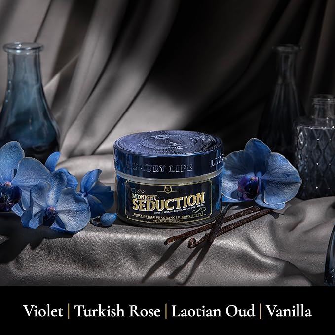 LUXURY LIFE BUTTER - 40% Extrait de Parfum Fragranced Body Butter with Hyaluronic Acid for Ultimate Moisture - Luxurious Room-Filling Natural Fragrances - Non-Greasy, USA Made, Midnight Seduction, 5oz