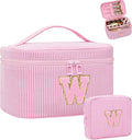MONSTINA Personalized Initial Makeup Bag for Women,Make Up Case for Girlfriend Bridesmaid Wife,Maid Matron of Honor Gift, Bride to be Gifts,Bachelorette Party Favors,Birthday Gift for Her Pink W