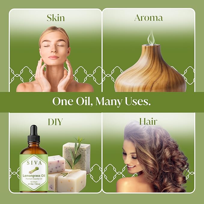 Siva Lemongrass Essential Oil 4 Fl Oz – for Diffuser, Skin & Hair Care – Ideal for Massage & DIY Blends- with Dropper